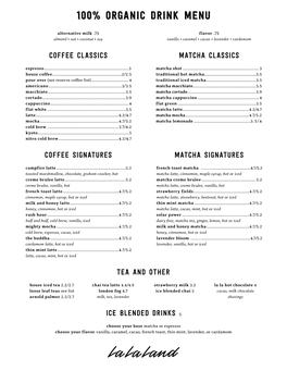 100% Organic DRINK MENU