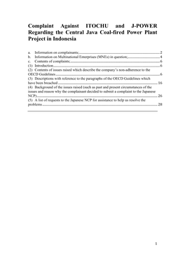 Complaint Against ITOCHU and J-POWER Regarding the Central Java Coal-Fired Power Plant Project in Indonesia
