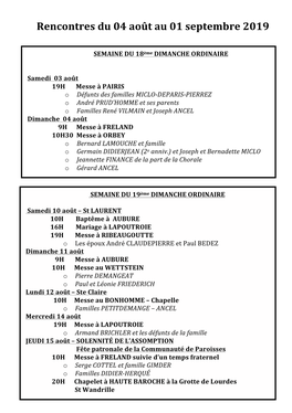 Rencontres Du 04 Août Au 01 Septembre 2019