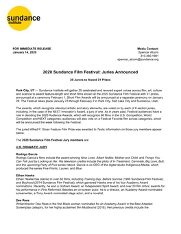 2020 Sundance Film Festival: Juries Announced