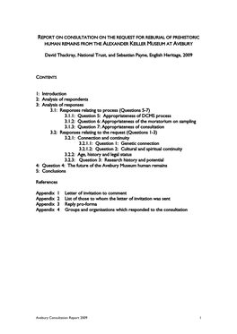 Report on Consultation on the Request for Reburial of Prehistoric Human Remains from the Alexander Keiller Museum at Avebury