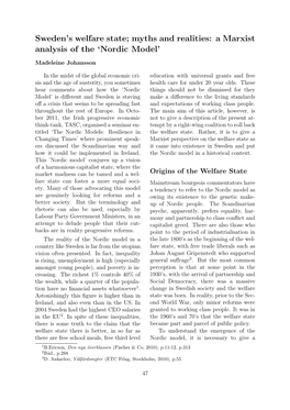 Sweden's Welfare State; Myths and Realities: a Marxist Analysis Of