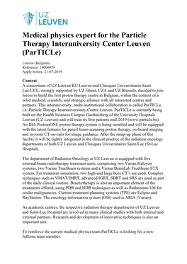 Medical Physics Expert for the Particle Therapy Interuniversity Center Leuven (Particle)