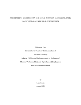 Who Benefits? Gender Equity and Social Inclusion Among Community Forest User Groups in Nepal: Who Benefits?