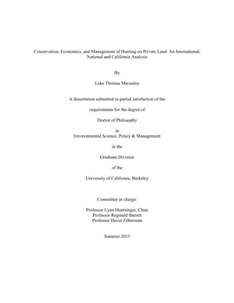 Conservation, Economics, and Management of Hunting on Private Land: an International, National and California Analysis