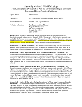 Nisqually National Wildlife Refuge Final Comprehensive Conservation Plan and Environmental Impact Statement Thurston and Pierce Counties, Washington