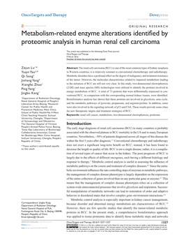 Metabolism-Related Enzyme Alterations Identified by Proteomic Analysis in Human Renal Cell Carcinoma