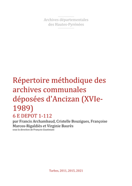 Répertoire Méthodique Des Archives Communales Déposées D'ancizan