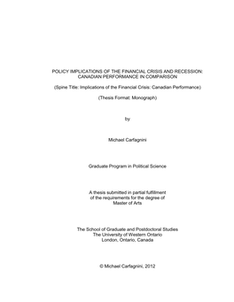 Policy Implications of the Financial Crisis and Recession: Canadian Performance in Comparison