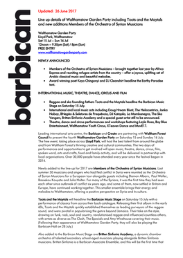 Line up Details of Walthamstow Garden Party Including Toots and the Maytals and New Additions Members of the Orchestra of Syrian Musicians