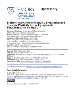 Bidirectional Control of Mrna Translation and Synaptic Plasticity