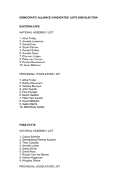 Democratic Alliance Candidates' Lists 2009