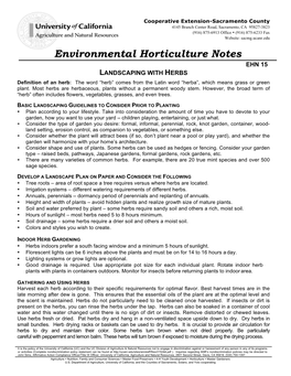 LANDSCAPING with HERBS Definition of an Herb: the Word “Herb” Comes from the Latin Word “Herba”, Which Means Grass Or Green Plant