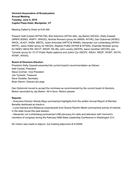 Vermont Association of Broadcasters Annual Meeting Tuesday, June 4, 2019 Capitol Plaza Hotel, Montpelier, VT