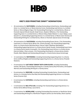 Hbo's 2020 Primetime Emmy® Nominations