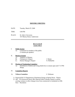 MONTHLY MEETING DATE: Tuesday, March 25, 2008 TIME: 6