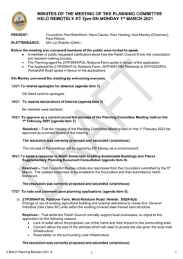 MINUTES of the MEETING of the PLANNING COMMITTEE HELD REMOTELY at 7Pm on MONDAY 1St MARCH 2021