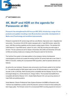 4K, Moip and HDR on the Agenda for Panasonic at IBC