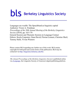 Languages Are Wealth: the Sprachbund As Linguistic Capital Author(S): Victor A