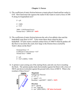 Chapter 1: Forces 1) the Coefficient of Static Friction Between a Tennis