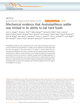 Mechanical Evidence That Australopithecus Sediba Was Limited in Its Ability to Eat Hard Foods