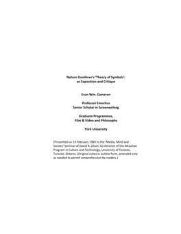 Nelson Goodman's 'Theory of Symbols': an Exposition and Critique