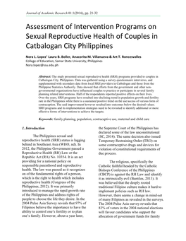 Assessment of Intervention Programs on Sexual Reproductive Health of Couples in Catbalogan City Philippines