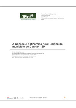 A Gênese E a Dinâmica Rural-Urbana Do Município De Canitar - SP