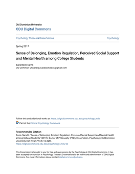 Sense of Belonging, Emotion Regulation, Perceived Social Support and Mental Health Among College Students