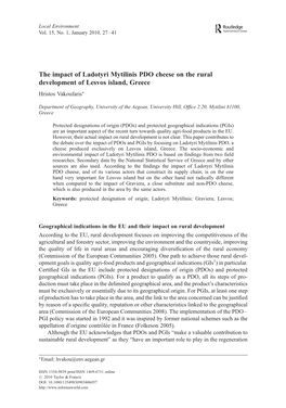 The Impact of Ladotyri Mytilinis PDO Cheese on the Rural Development of Lesvos Island, Greece Hristos Vakoufaris