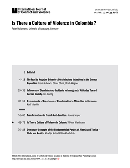 Is There a Culture of Violence in Colombia? Peter Waldmann, University of Augsburg, Germany