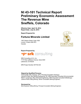 NI 43-101 Technical Report Preliminary Economic Assessment the Revenue Mine Sneffels, Colorado