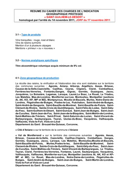 RESUME DU CAHIER DES CHARGES DE L'indication GEOGRAPHIQUE PROTEGEE « SAINT-GUILHEM-LE-DÉSERT » Homologué Par L'arrêté