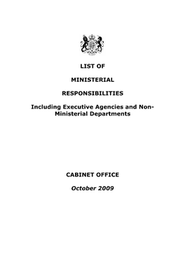 List of Ministerial Responsibilities Including Executive Agencies and Non Ministerial Departments