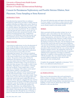 Consent for Percutaneous Nephrostomy and Possible Stricture Dilation, Stent Placement, Tissue Sampling Or Stone Removal