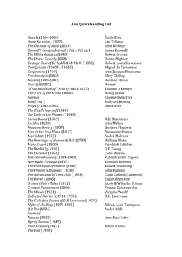 Ann Quin's Reading List Novels (1864-‐1903) Émile Zola Anna