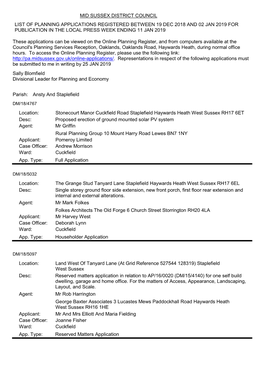 Planning Applications Received 19 December 2018 to 02 January 2019