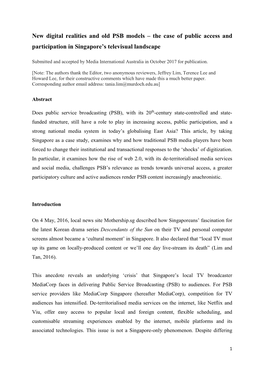 New Digital Realities and Old PSB Models – the Case of Public Access and Participation in Singapore’S Televisual Landscape