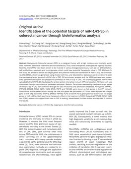 Original Article Identification of the Potential Targets of Mir-143-3P in Colorectal Cancer Through Bioinformatics Analysis