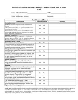 Leveled Literacy Intervention (LLI) Fidelity Checklist; Orange, Blue, Or Green Levels