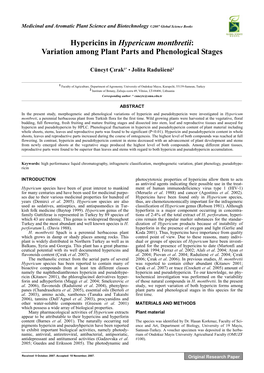 Hypericins in Hypericum Montbretii: Variation Among Plant Parts and Phenological Stages Cüneyt Ç�Rak1* • Jolita Radušien�2