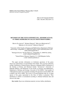 Revision of the Genus Hypericum L. (Hypericaceae) in Three Herbarium Collections from Serbia