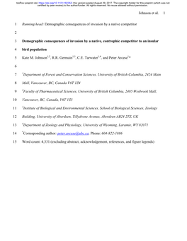 Demographic Consequences of Invasion by a Native, Controphic Competitor to an Insular Bird Population