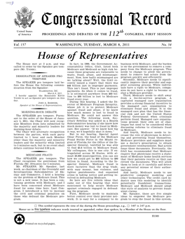 Congressional Record United States Th of America PROCEEDINGS and DEBATES of the 112 CONGRESS, FIRST SESSION