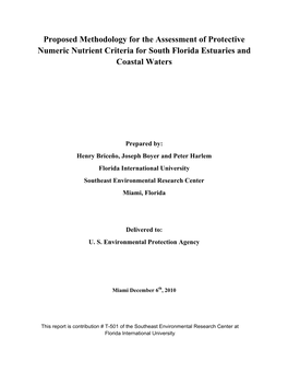 Proposed Methodology for the Assessment of Protective Numeric Nutrient Criteria for South Florida Estuaries and Coastal Waters