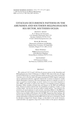 Cetacean Occurrence Patterns in the Amundsen and Southern Bellingshausen Sea Sector, Southern Ocean