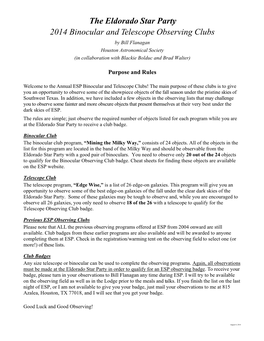 The Eldorado Star Party 2014 Binocular and Telescope Observing