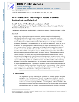 The Biological Actions of Ethanol, Acetaldehyde, and Salsolinol