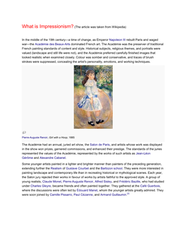 What Is Impressionism? (The Article Was Taken from Wikipedia) in The