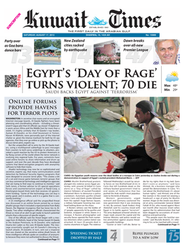 Turns Violent;70Die Continued Onpage 11 Saudi Backsegyptagainst‘Terrorism’ by Earthquake Cities Rocked New Zealand Clashes Elsewhereinegypt.The Violence Attacked